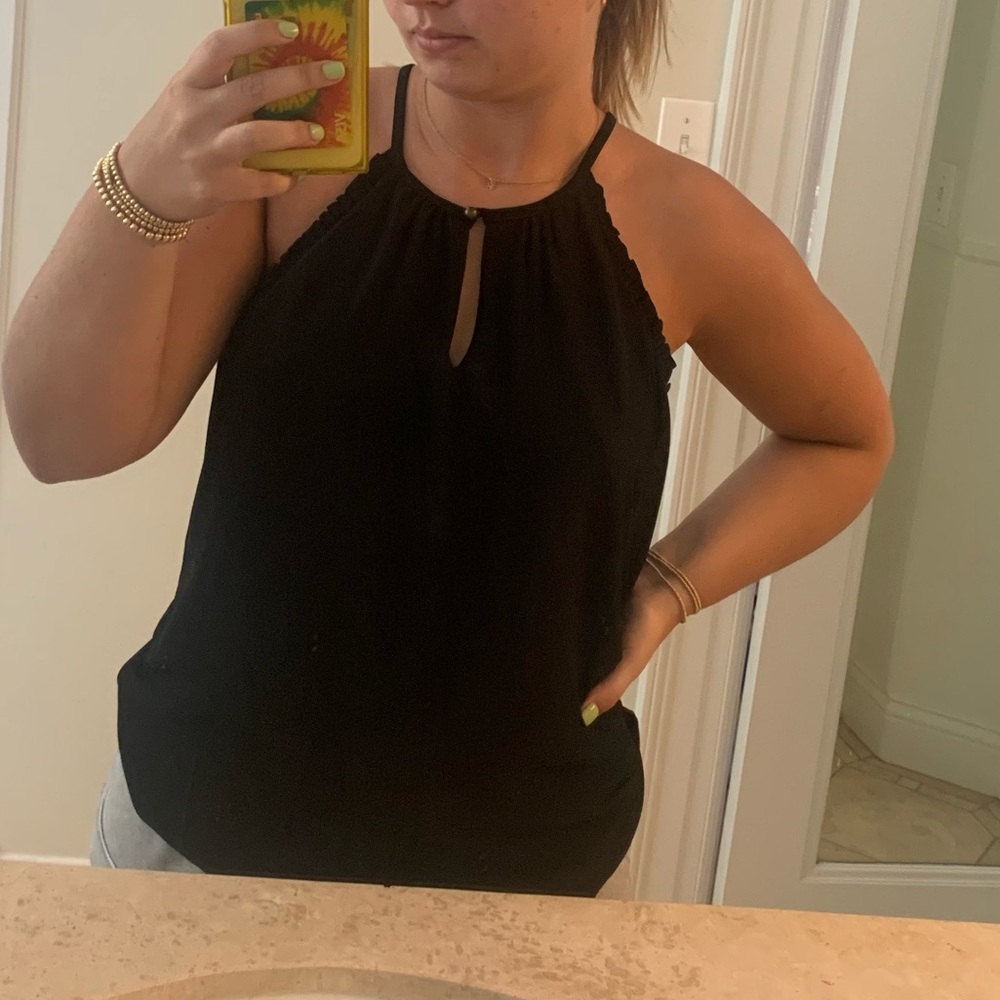 Black halter neck tank top with ruffle details